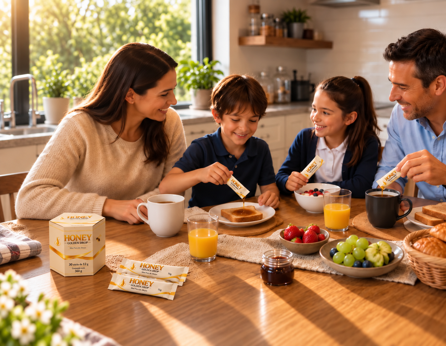 Familia disfrutando Honey Golden Drop durante el desayuno