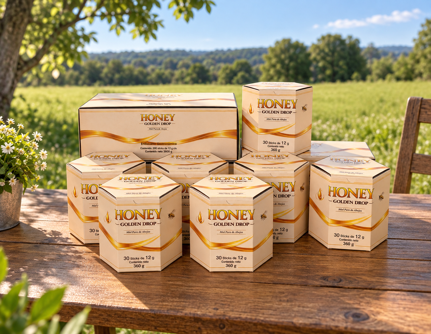 Presentaciones Honey Golden Drop en un entorno natural